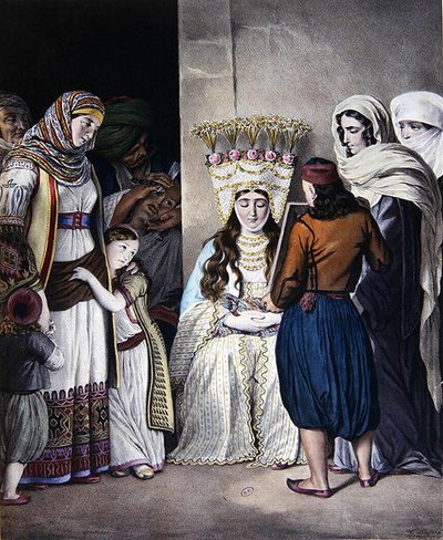 アテネのギリシャ正教の結婚式（1825年頃）（カラーリトグラフ） 作： Dupre Dupre