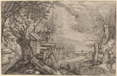 川辺のログハウスのある風景 作： Dutch 17th Century, formerly Jacques de Gheyn II