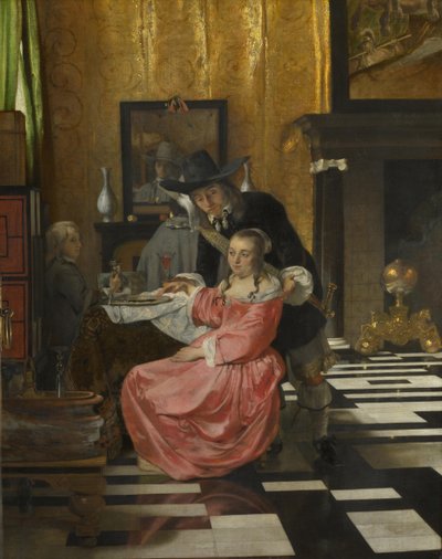 女性がグラスワインを拒否するインテリア、c。 1660 作： Dutch Master