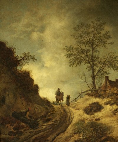 丘陵地帯の小径にいる騎手とその他の人物（油彩・パネル 作： Dutch School