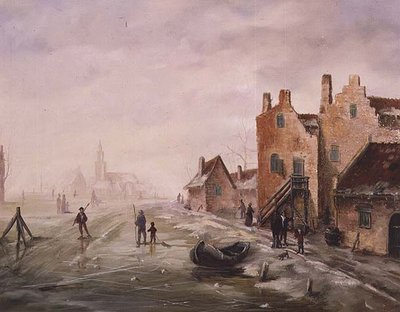 手前にスケートをする人たちがいる冬の風景 作： Dutch School