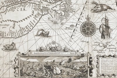 「Nova Francia, alio nomine dicta Terranova, anno 1504...」より、昔ながらのクジラのような海の怪物 2 体と、よりリアルなクジラの挿入図 作： Dutch School