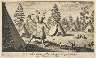 アムステルダムで公開されたシベリアの村で、トナカイの角で作られたかぶとをかぶったシャーマン 作： Dutch School