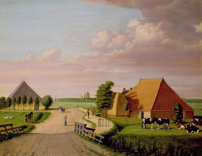 前景にフリージアン牛の群れがいるオランダのリーフワルデンの研究 作： Dutch School