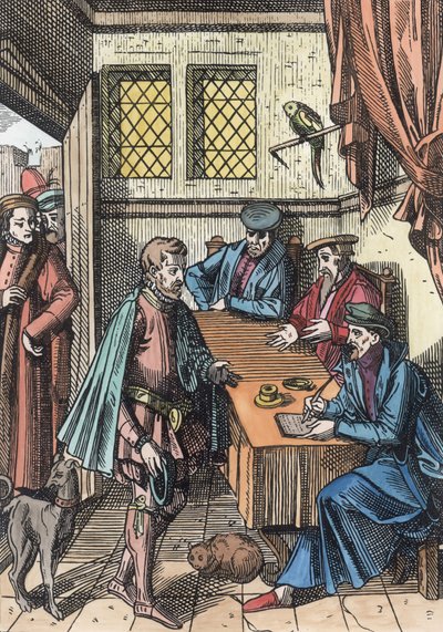 Joos de Damhouder（1507-81）によるPraxis Rerum Civiliumでの木版画を印刷した後のBailliage、または王の執行官の法廷、アントワープ、1557（後の着色） 作： Dutch School