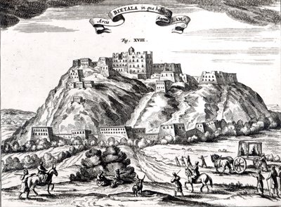 ビエタラ、ラッサ王国、ラマ大王の要塞、「ラシンillustree」からのイラストby Athanasius Kircher（1602-80）アムステルダム、1670年（彫刻）（bw写真） 作： Dutch School
