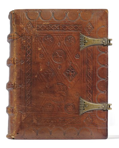 オランダ語、ローワーラインラント、エメリッヒ、クレーヴェ、c.1480の時祷書と祈祷書（ベラムと紙にインクと顔料、金属の留め金が付いたボードの上にカーフスキンで綴じられています） 作： Dutch School