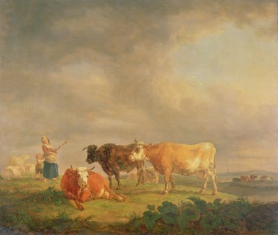 風景の中の牛の放牧、1820年頃（パネル） 作： Dutch School