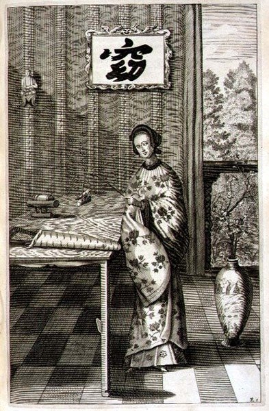 ナイチンゲールを抱く中国の女性、アタナシウス・キルヒャー（1601-80）の「中国図解」より 1667年（彫刻） 作： Dutch School