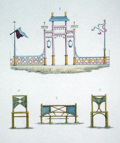 中国の門と庭の椅子、G. van Laar著「Magazine of Garden Gems」（1802年発行）より（カラーリトグラフ 作： Dutch School