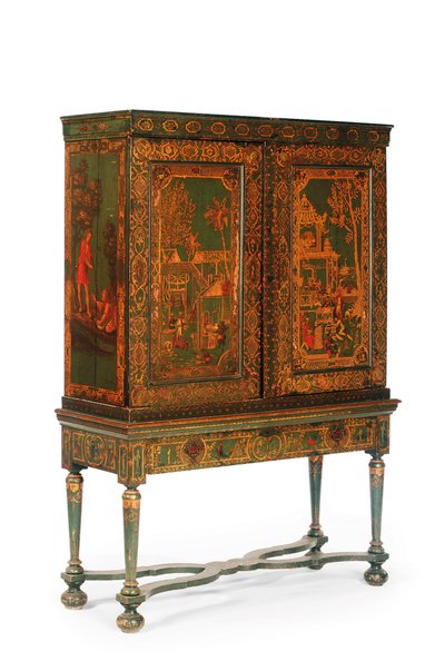 スタンド上のコレクターキャビネット、c.1700-30（金色と緑色のジャパニング）（780666-7も参照） 作： Dutch School
