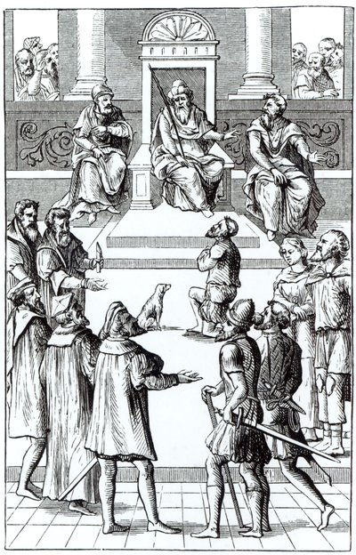 Joos de Damhouder（1507-81）によるPraxis Rerum Criminaliumの木版画の後の、法廷前の修正のための告白（1507-81）アントワープ、1556 作： Dutch School