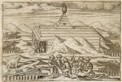 遠征隊が越冬したキャビンの外でクマを殺して皮を剥ぐ乗組員、Gerrit de Veer作「Diarium Nauticum, seu vera descriptio trium navigationum admirandarum...」のイラスト 作： Dutch School