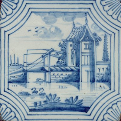 運河の跳ね橋を示すデルフトのタイル、19世紀 作： Dutch School