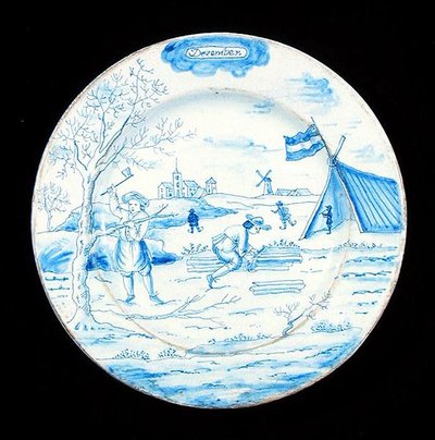 12月を描いたデルフトの皿（錫釉の土器） 作： Dutch School