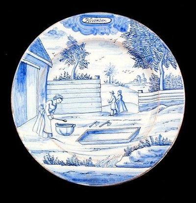 11月を描いたデルフトの皿（錫釉の土器） 作： Dutch School