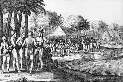 ポリネシアの人々をもてなすオランダの商人たち 作： Dutch School