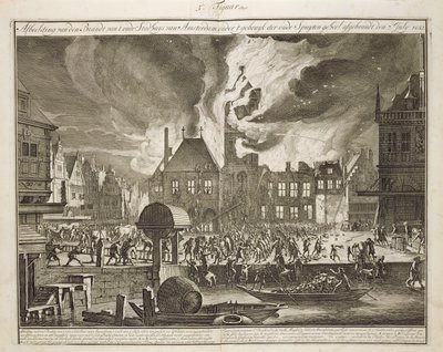 1652年7月17日、古いアムステルダム市庁舎での火災（オランダの消防に関する本）、1700年頃発行 作： Dutch School