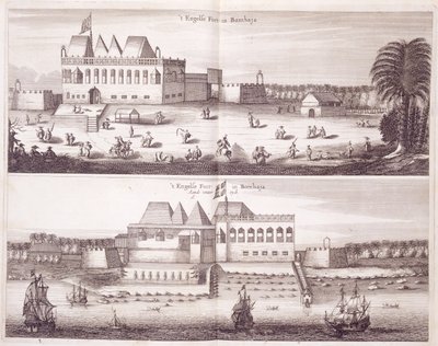 1672年、ボンベイのイングリッシュフォートの正面と水辺の景色 作： Dutch School