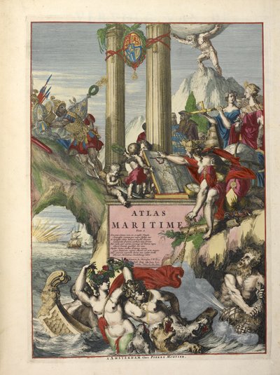 「De Fransche Neptunus and Atlas Maritime and Suite du Neptune François」の口絵、Charles Pene と Pieter Mortier 作（カラー彫刻） 作： Dutch School