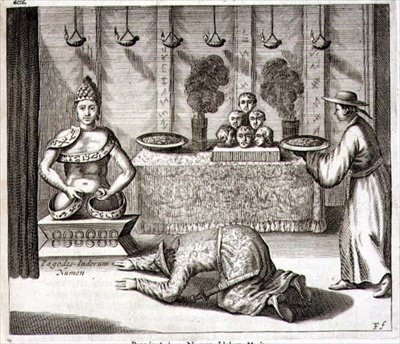 アタナシウス・キルヒャー（1601-80）の「中国図解」より、インドの神を祀る寺院の内部 1667年（彫刻） 作： Dutch School