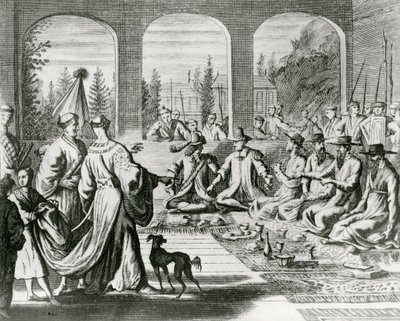 日本の宮廷でオランダとポルトガルの商人と一緒にいるイエズス会の人たち、1670年頃（エングレービング 作： Dutch School