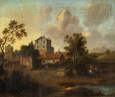 廃墟と白馬の騎手のいる風景 作： Dutch School