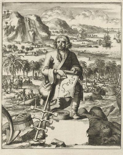 ルイ・ヘネパンが北米に上陸、パブ。 1688年の彫刻。 作： Dutch School