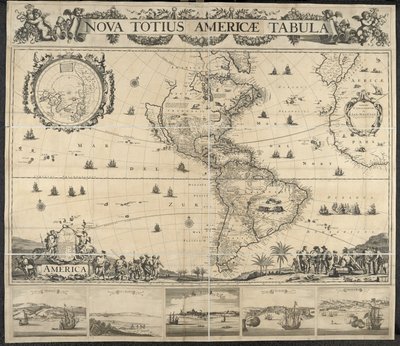 Map of America、Nova totius Americae Table、[with Views] パナマ、Caput S. Augustini、ニュー アムステルダム、S. Savior、Name D. God。 J.マチス作 作： Dutch School