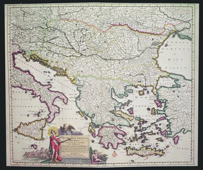 ギリシャ、ハンガリー、およびその周辺諸国の地図（手描きの彫刻） 作： Dutch School