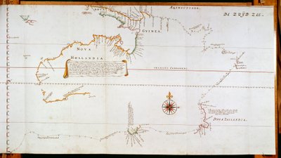アベル・ヤンスゾーン・タスマン (1603-1659) とウィレム・ヤンスゾーン (1570-1630) が行った旅行中に収集された情報から作成された、現在のオーストラリアのニューホランドとニュージーランドの地図 作： Dutch School