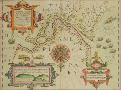 メルカトルアトラスパブからのパタゴニアのマゼラン海峡の地図。ジョドカス・ホンディウス（1563-1612）アムステルダム、1606 作： Dutch School