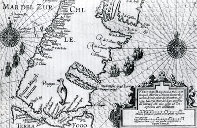 マゼラン海峡の地図、オリバーヴァンノールツの航海の説明、1602年版 作： Dutch School