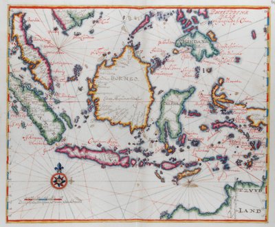 ボルネオ、クレベス (スラウェシ)、ジャワ、その他のインドネシアの島々を示す地図。 作： Dutch School