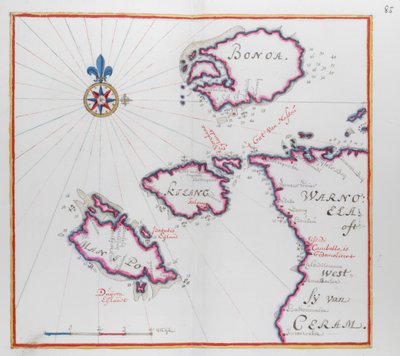 セラム島（セラム島）とボノア島（ボアノ島）、ケラン島とマニパ島の一部を示す地図。 作： Dutch School
