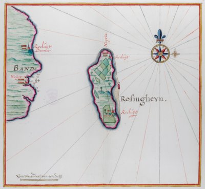 バンダ ベサール (ロントワール) とハッタ (ローゼンガイン) の一部を示す地図。インドネシアのマルク州の一部であるバンダ諸島。 作： Dutch School