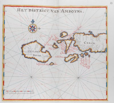 インドネシアのブーロ島とセラム島 (セラム) を示す地図。 作： Dutch School