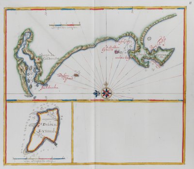 南アフリカのダッセン島とその反対側の海岸を示す地図。 作： Dutch School