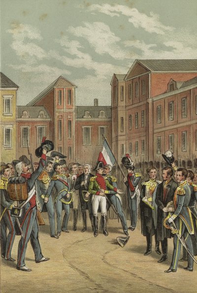 ナポレオンは、1814年にフォンテーヌブロー宮殿の白い馬の中庭にいる皇帝の別れを告げる 作： Dutch School
