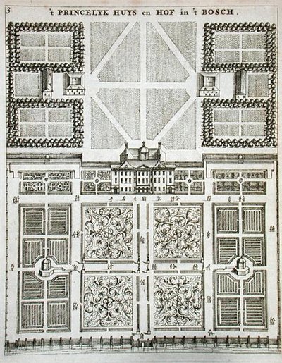 ホーフ・イント・ボス宮殿（ヨハン・ファン・デル・グローエン著「オランダの庭師」より）1699年発行（彫刻作品 作： Dutch School