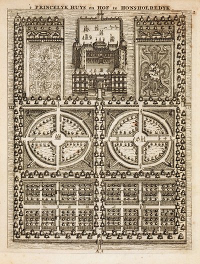 1699年に出版されたヨハンファンデルグレンのオランダの庭師によるホンソレディク宮殿 作： Dutch School