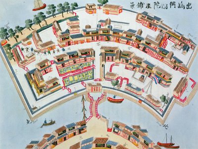 アイザックティッシング（c.1740-1812）による日本のイラストからの、1822年にロンドンで出版された、ナンガサキのデシマ島のオランダ工場の計画 作： Dutch School