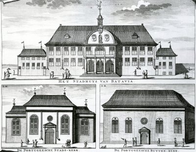 19世紀バタビアのポルトガル教会と市庁舎、 作： Dutch School