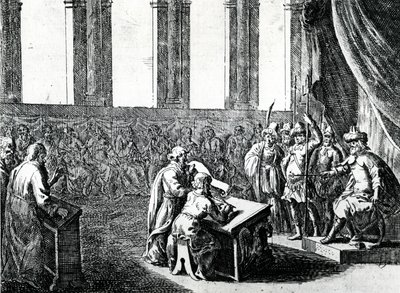 エジプト国王プトレマイオスフィラデルフスは、ユダヤ法をギリシャ語に翻訳するために、ユダヤから72人の男性を召喚します。1700年頃 作： Dutch School