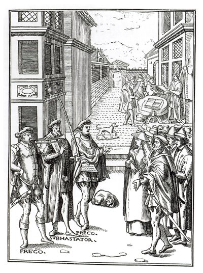 Joos de Damhouder（1507-81）によるPraxis Rerum Civiliumの木版画の後のTown Crierによる販売、アントワープ、1557 作： Dutch School