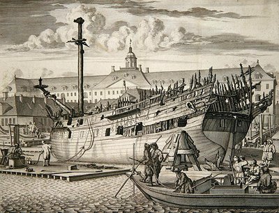 オランダ東インド会社の海洋工廠前で炎上した船 作： Dutch School