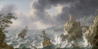 岩だらけの海岸の嵐の難破船 作： Dutch School