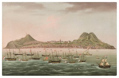 オランダ領アンティル諸島のシント・ユースタティウス島、オラニエスタッド沖の道路に集結する西インド洋船（油彩・キャンバス）。 作： Dutch School
