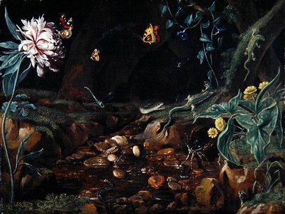 花と爬虫類のいる窪地の小川（油彩・キャンバス 作： Dutch School