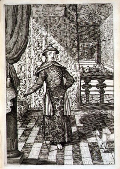 アタナシウス・キルヒャー（1601-80）の「China Illustrated」より、中国の皇帝とタルタル族の最高支配者、1667年（エングレーヴィング）。 作： Dutch School